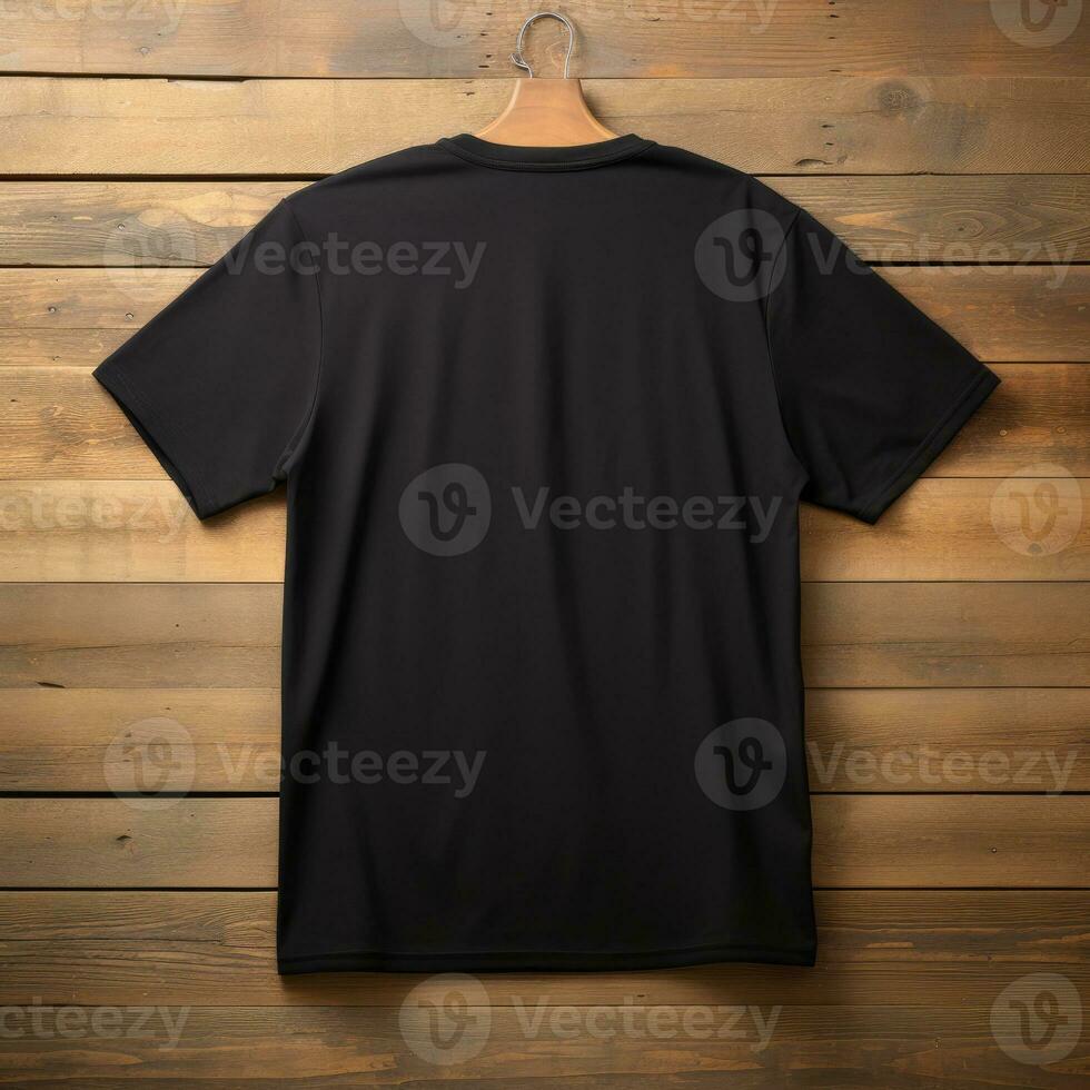 A view from back Luxurious plain black oversize t-shirt mockup with a hanger hanging on a wooden background, AI Generative photo