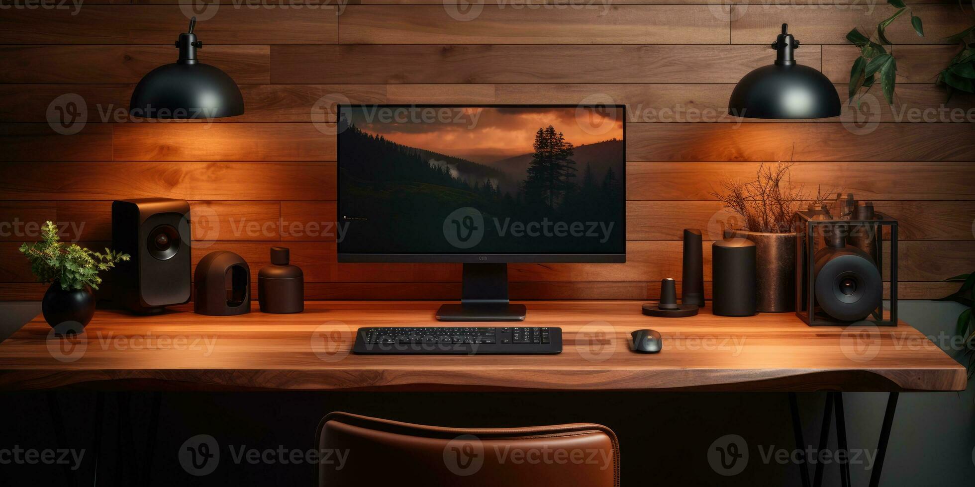 minimalist work space computer with very luxurious wooden components, AI Generative photo