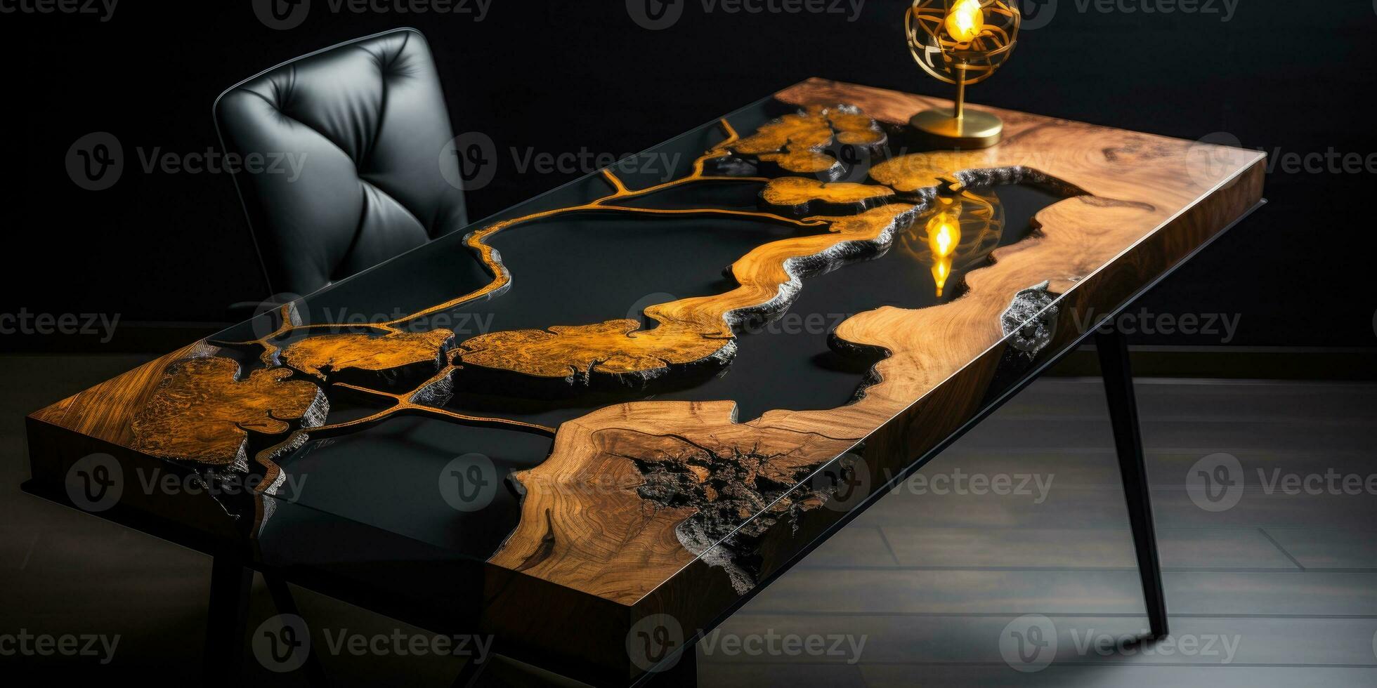 Luxury desk with epoxy resin and varnish Round tree slab with black epoxy river Wooden background hi, AI Generative photo