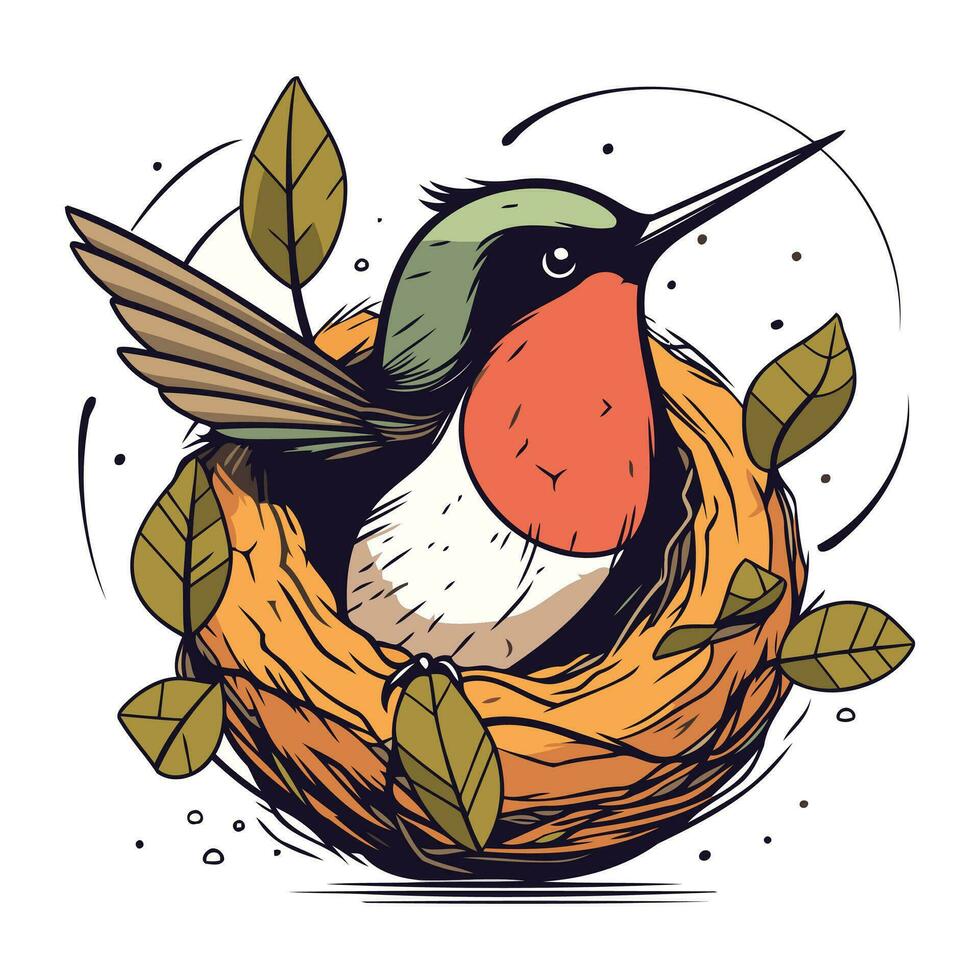 Vector illustration of a bird sitting in a nest with leaves on a white background