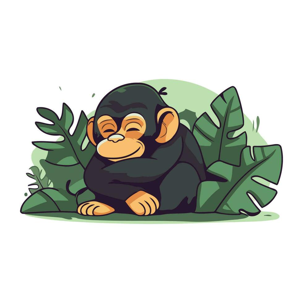 mono sentado en el verde hojas. vector ilustración en dibujos animados estilo.