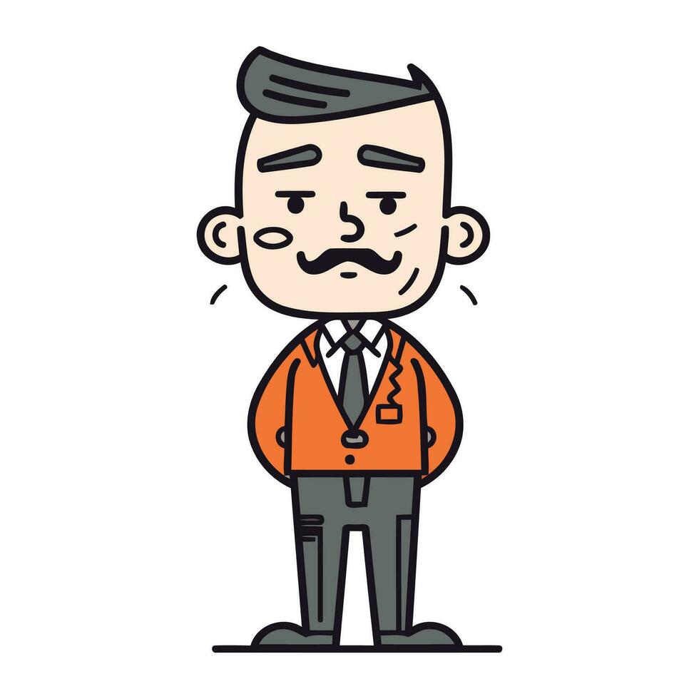 Sad man in suit. Vector illustration in thin line style. Cartoon character.