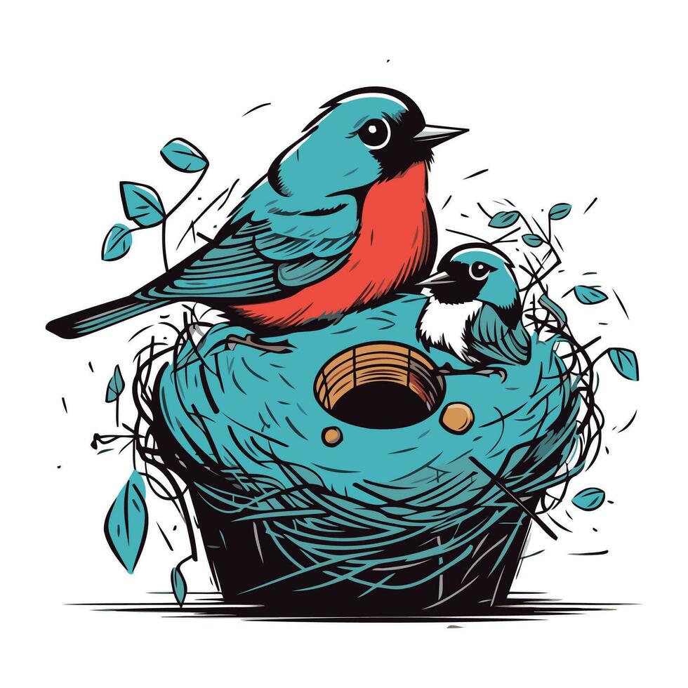 Vector illustration of a bird sitting in a nest and feeding birds.