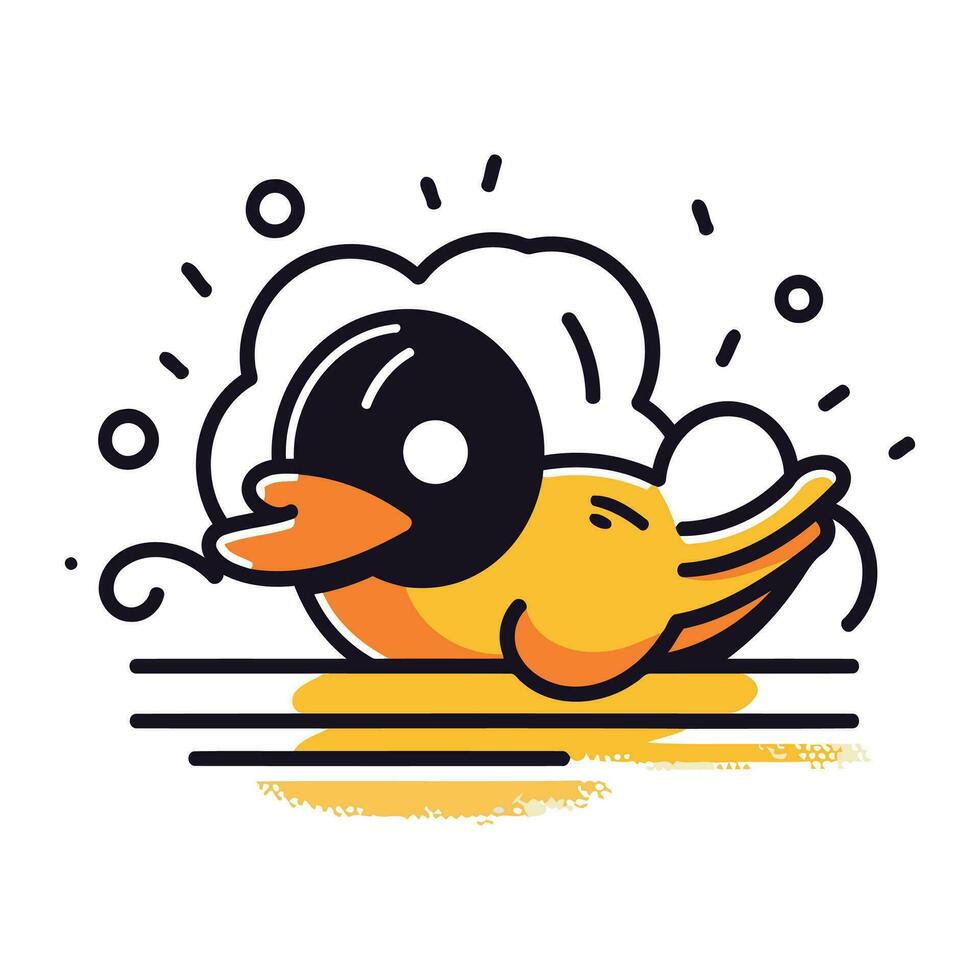 Cute cartoon duck in the sun. Vector illustration in line style.