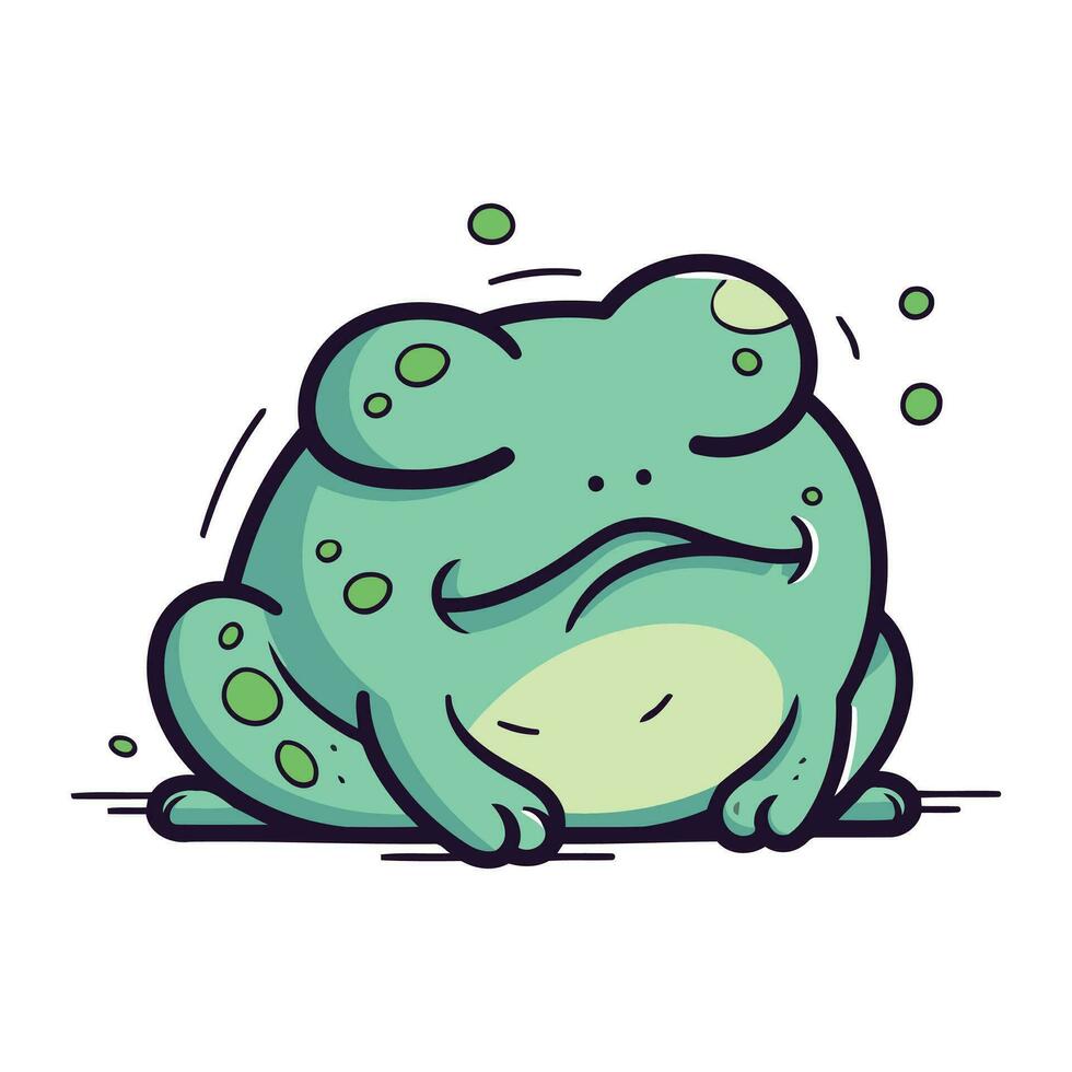 Vector illustration of a cute cartoon green frog sitting on the ground.