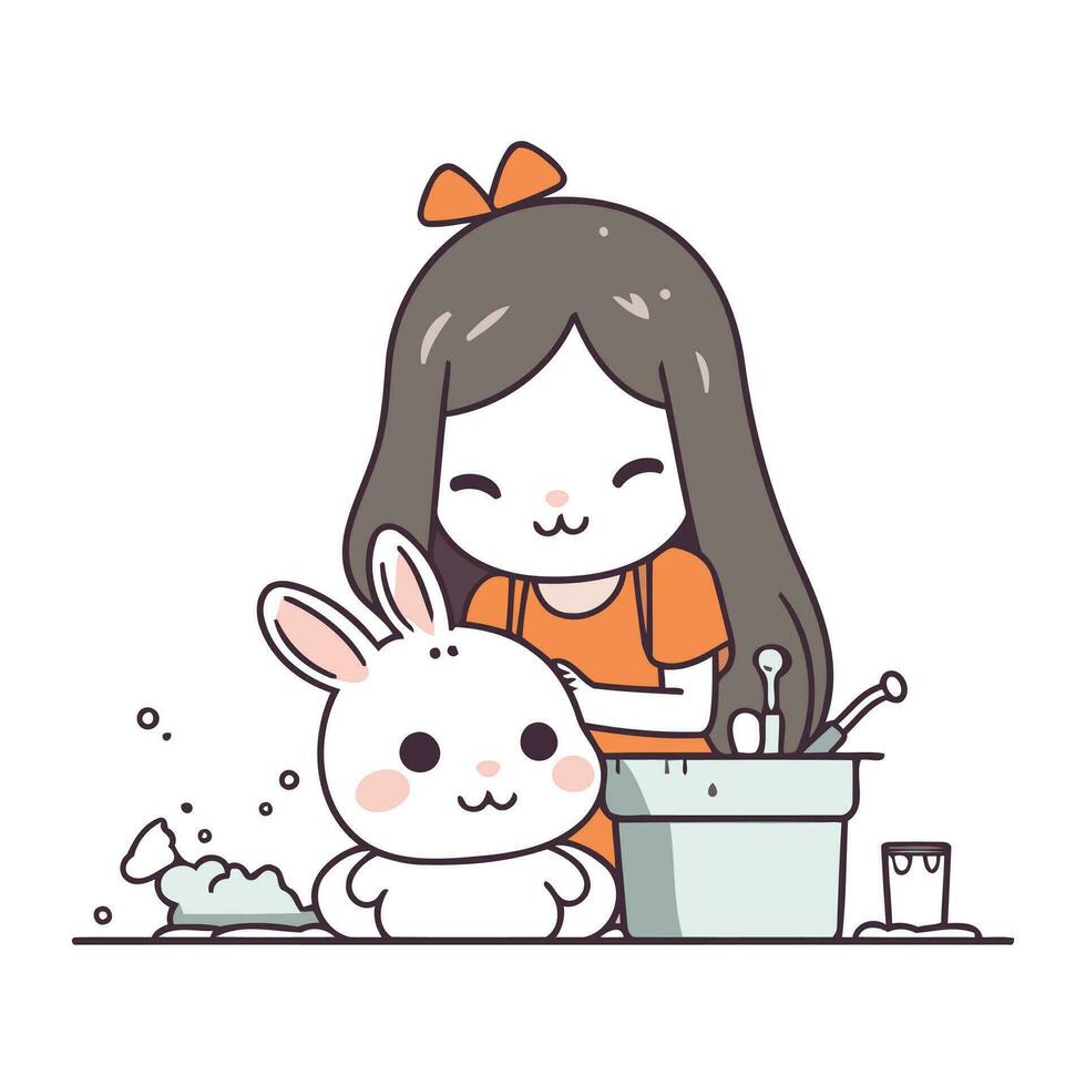 Little cute girl painting a rabbit in the kitchen. Vector illustration.