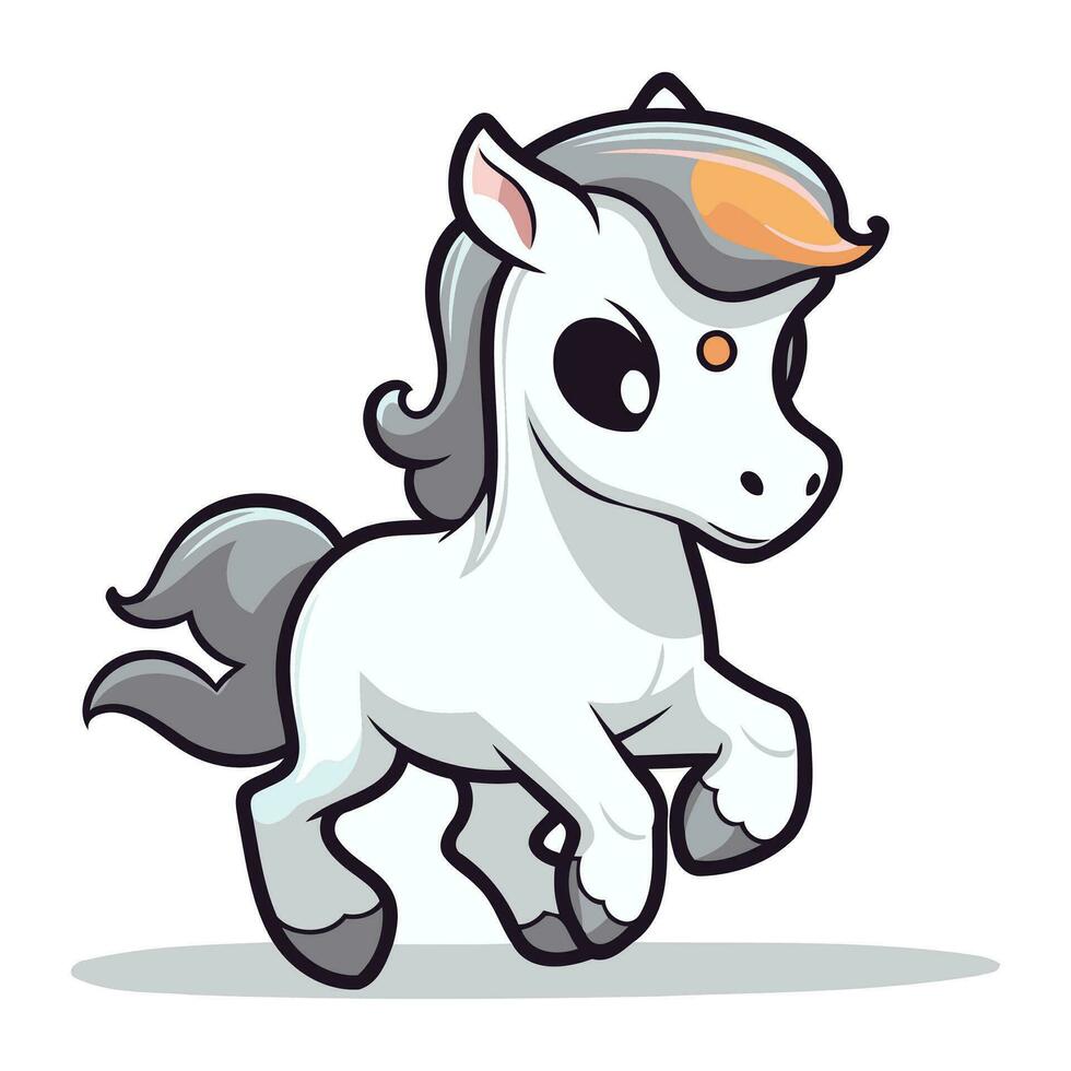 Cute white pony running isolated on white background. Vector illustration.