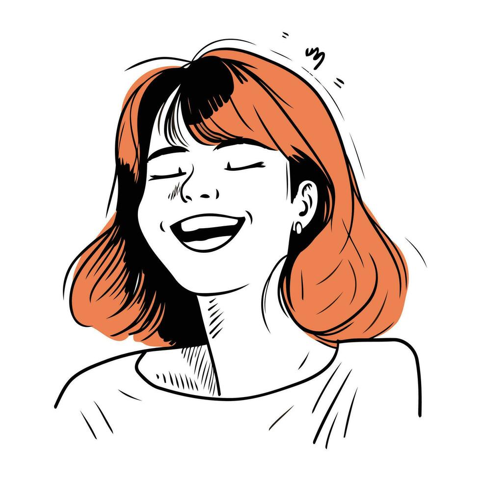 Vector hand drawn illustration of a happy smiling woman with closed eyes.