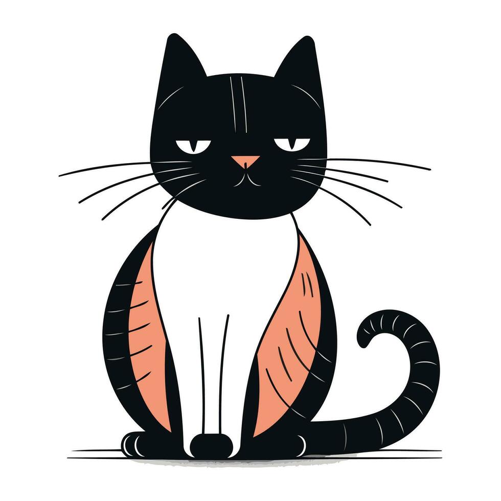 Black cat sitting on white background. Vector illustration in flat style.