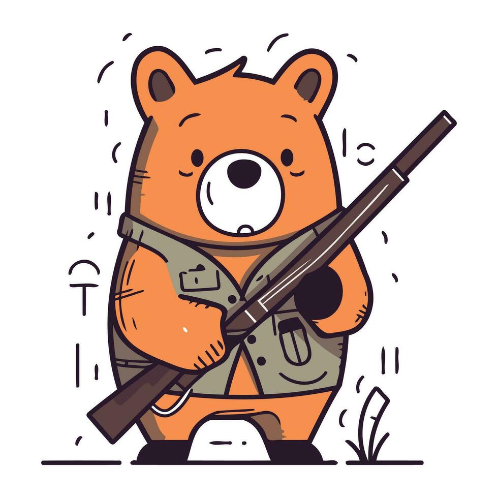 Cute cartoon bear with rifle. Vector illustration in a flat style.