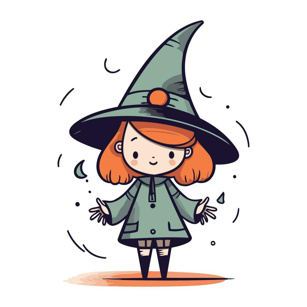 Cute little girl dressed as a witch. Vector illustration in cartoon style.