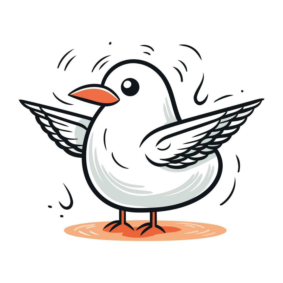 Vector illustration of a cute cartoon flying seagull. Isolated on white background.