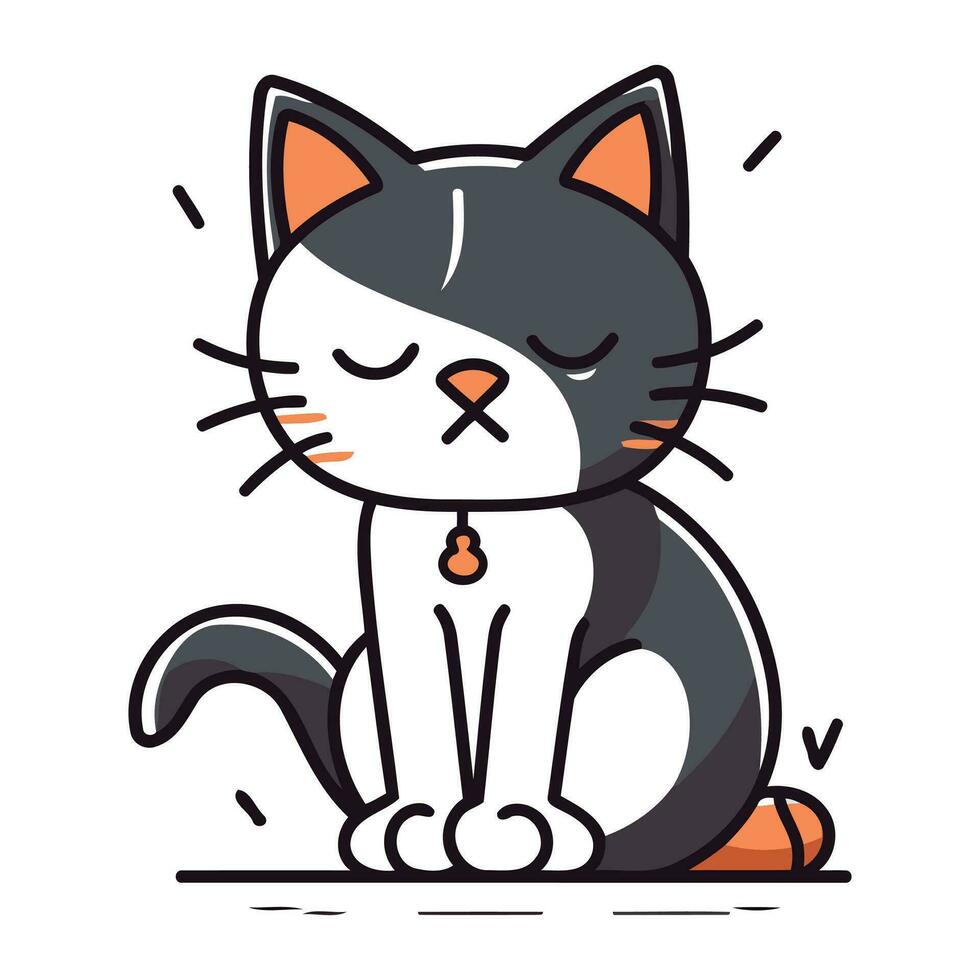 Cute cartoon cat with sad eyes. Vector illustration in line art style.