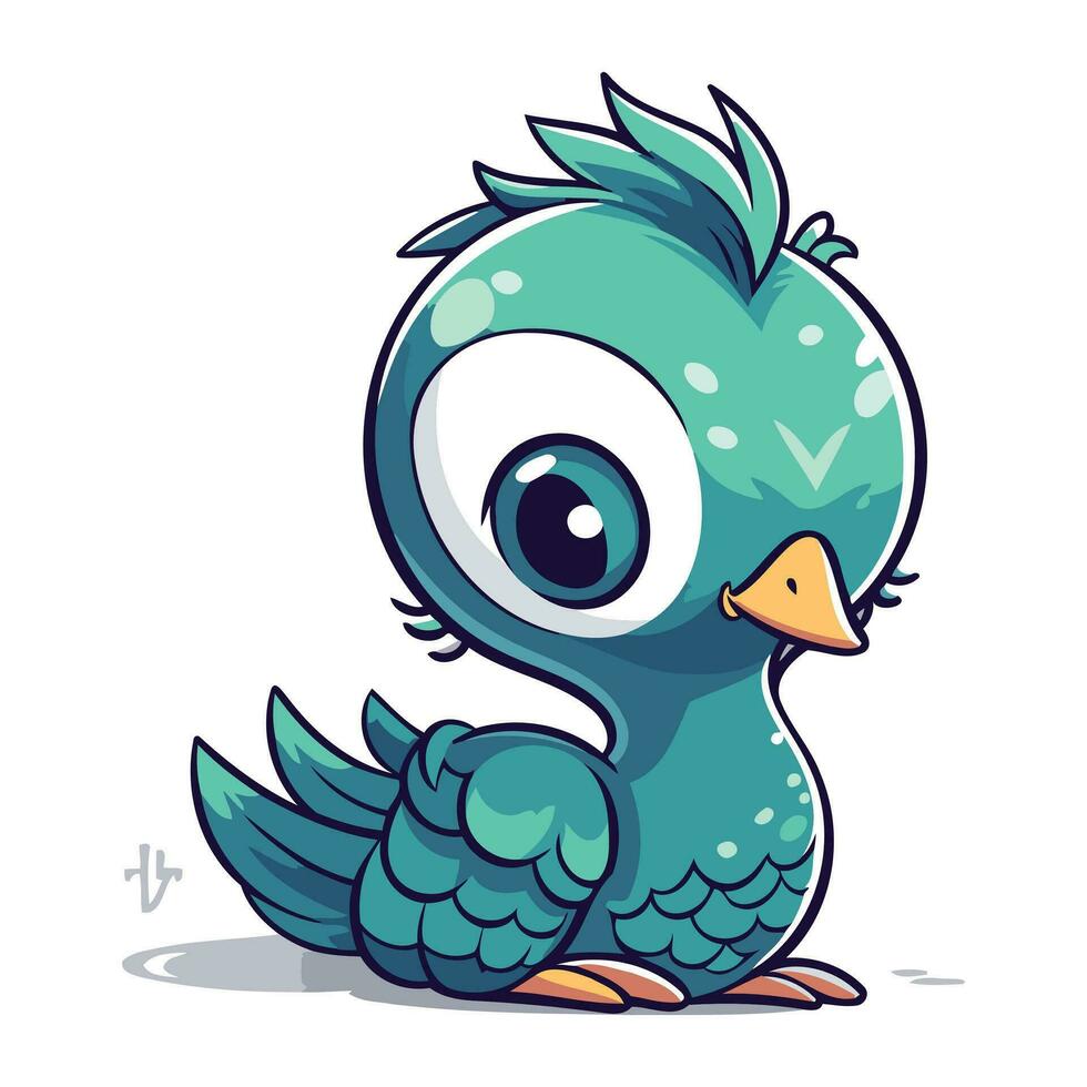 Cute blue bird isolated on white background. Cartoon vector illustration.
