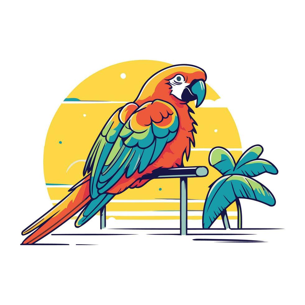 Parrot on the beach. Vector illustration in a flat style.