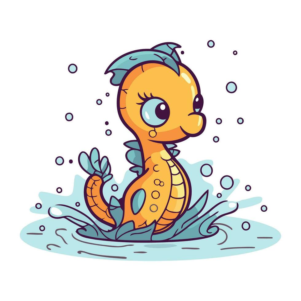 Cute cartoon seahorse swimming in the water. Vector illustration.