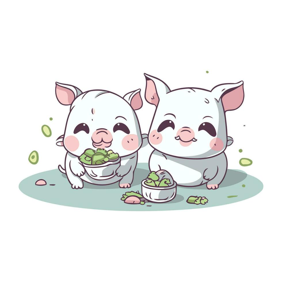 Cute pig and pork with a bowl of green peas. Vector illustration.