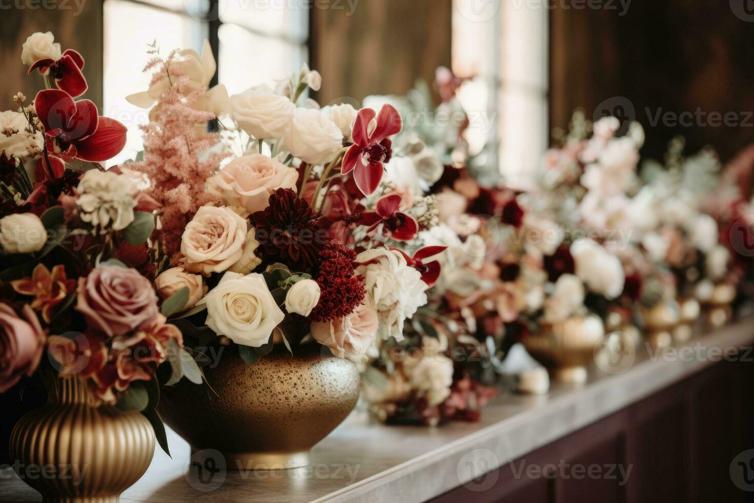 Organic Thanksgiving Floral Arrangements displayed in sophisticated tones of deep merlot red blush peach sage green and pearl white hues photo
