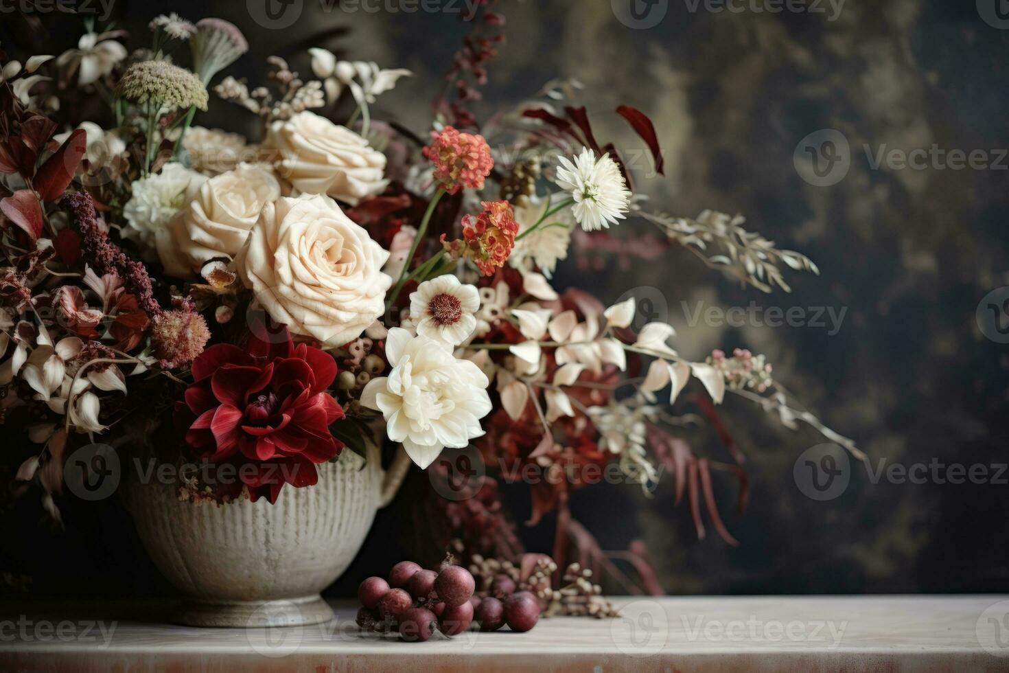 Organic Thanksgiving Floral Arrangements displayed in sophisticated tones of deep merlot red blush peach sage green and pearl white hues photo
