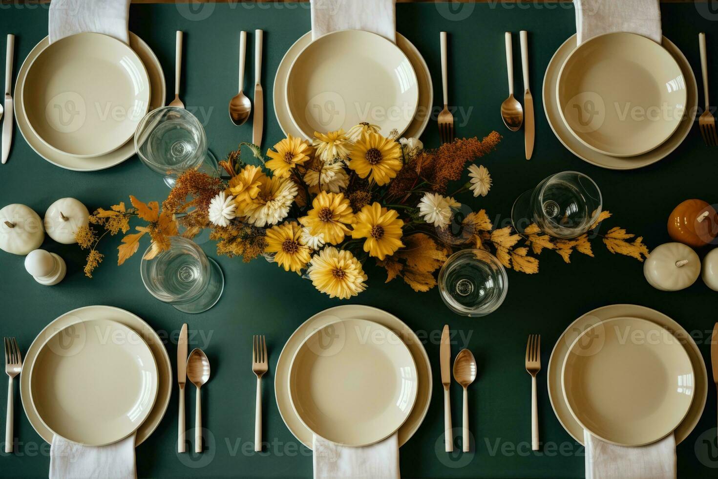 Minimalist and Sustainable Thanksgiving Table Settings focused on hues of cool jade green warm honey yellow dusty clay brown and crisp off white photo