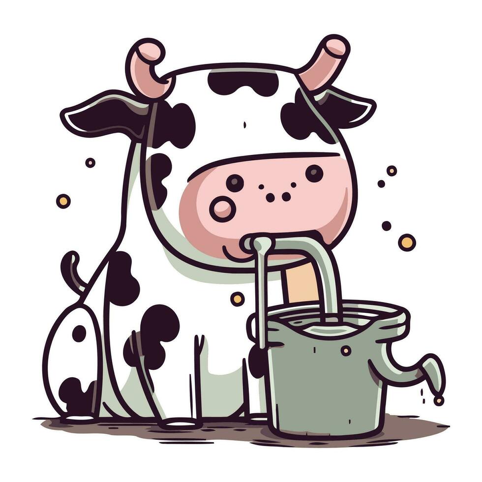 Cute cartoon cow drinking milk from a bucket. Vector illustration.