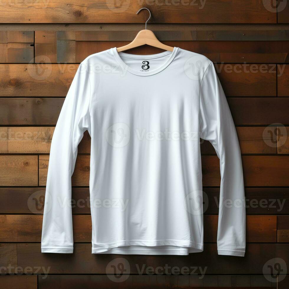 plain white t-shirt mockup with a hanger hanging on a wooden background, AI Generative photo