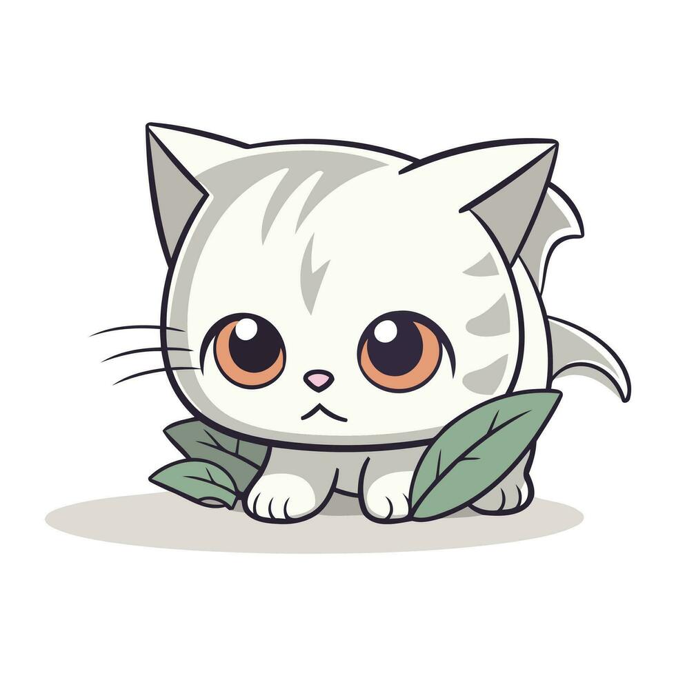 Cute white cat with green leaves. Vector illustration on white background.