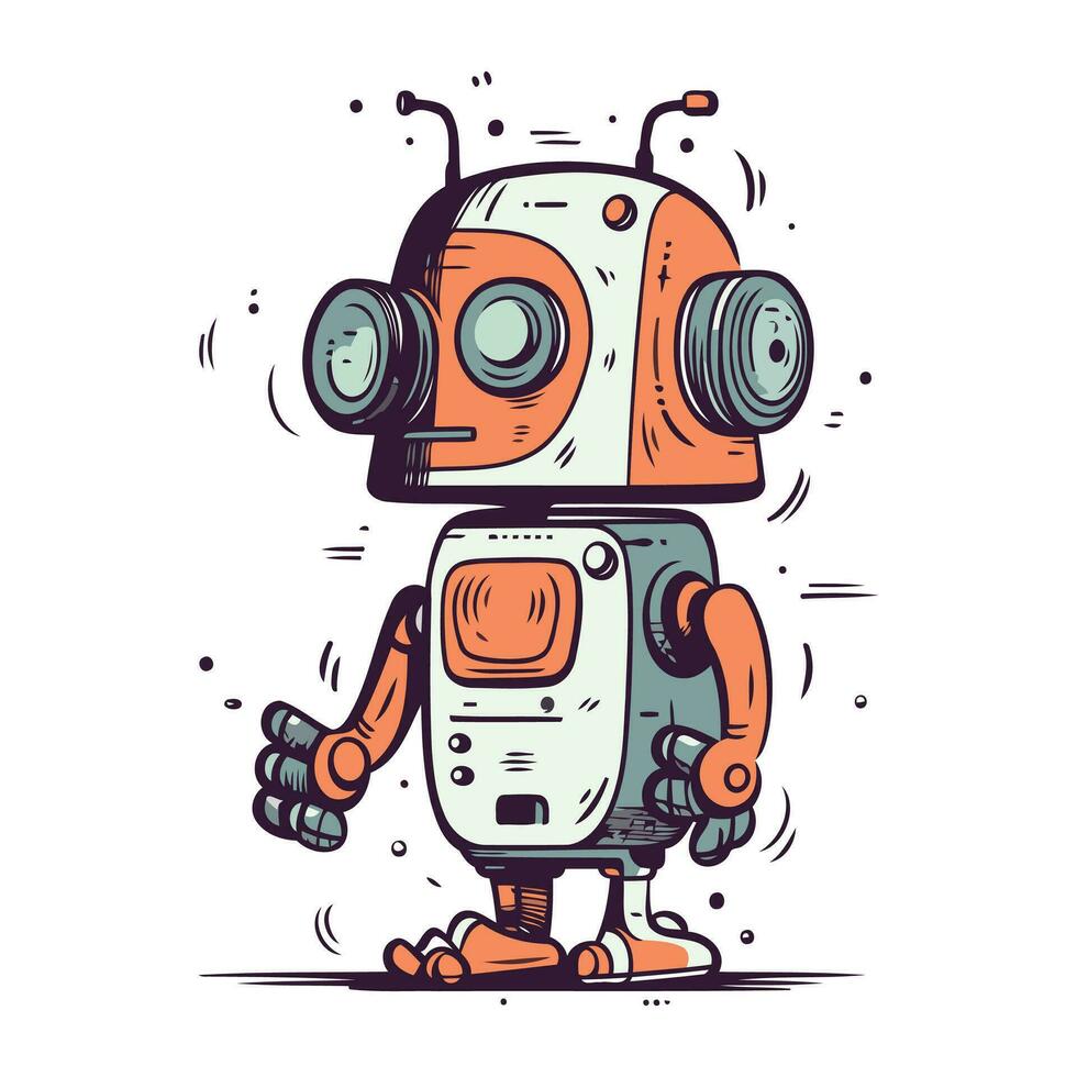 Cartoon robot. Hand drawn vector illustration. Doodle style. Isolated on white background.