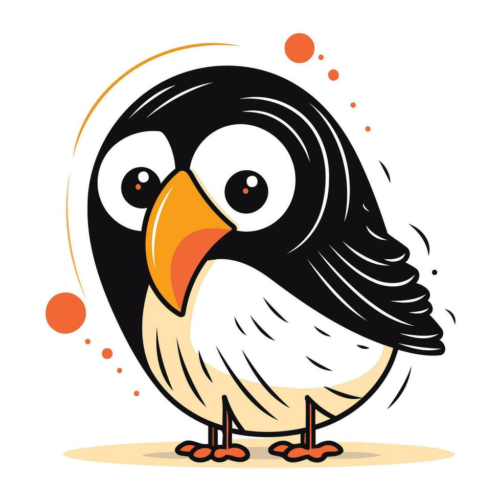 Cute cartoon black and white little bird with big eyes. Vector illustration.