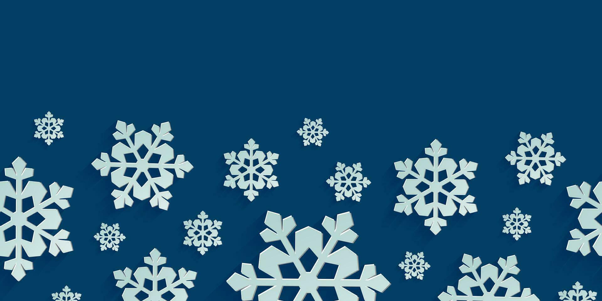 sin costura horizontal modelo con papel cortar copos de nieve. Navidad diseño 3d ilustración en azul de colores antecedentes para presentación, bandera, cubrir, web, volantes, tarjeta, venta, póster y social medios de comunicación. vector