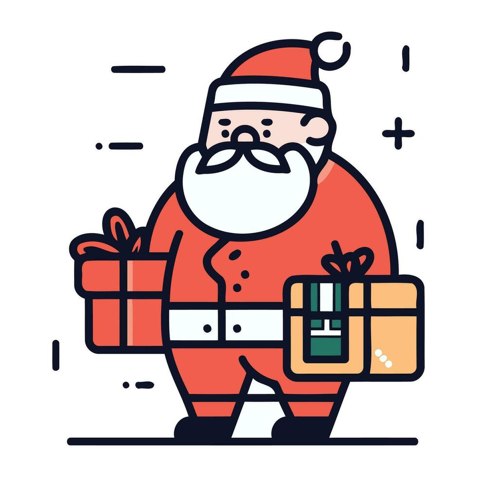 Santa Claus with gifts in hands. Merry Christmas and Happy New Year. Vector illustration