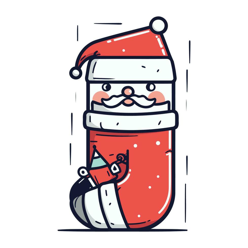 Papa Noel claus con bolso de regalos. vector ilustración en garabatear estilo.