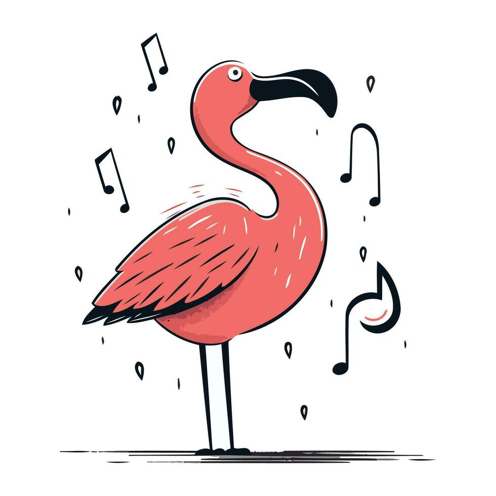 Flamingo with musical notes. Vector illustration in cartoon style.