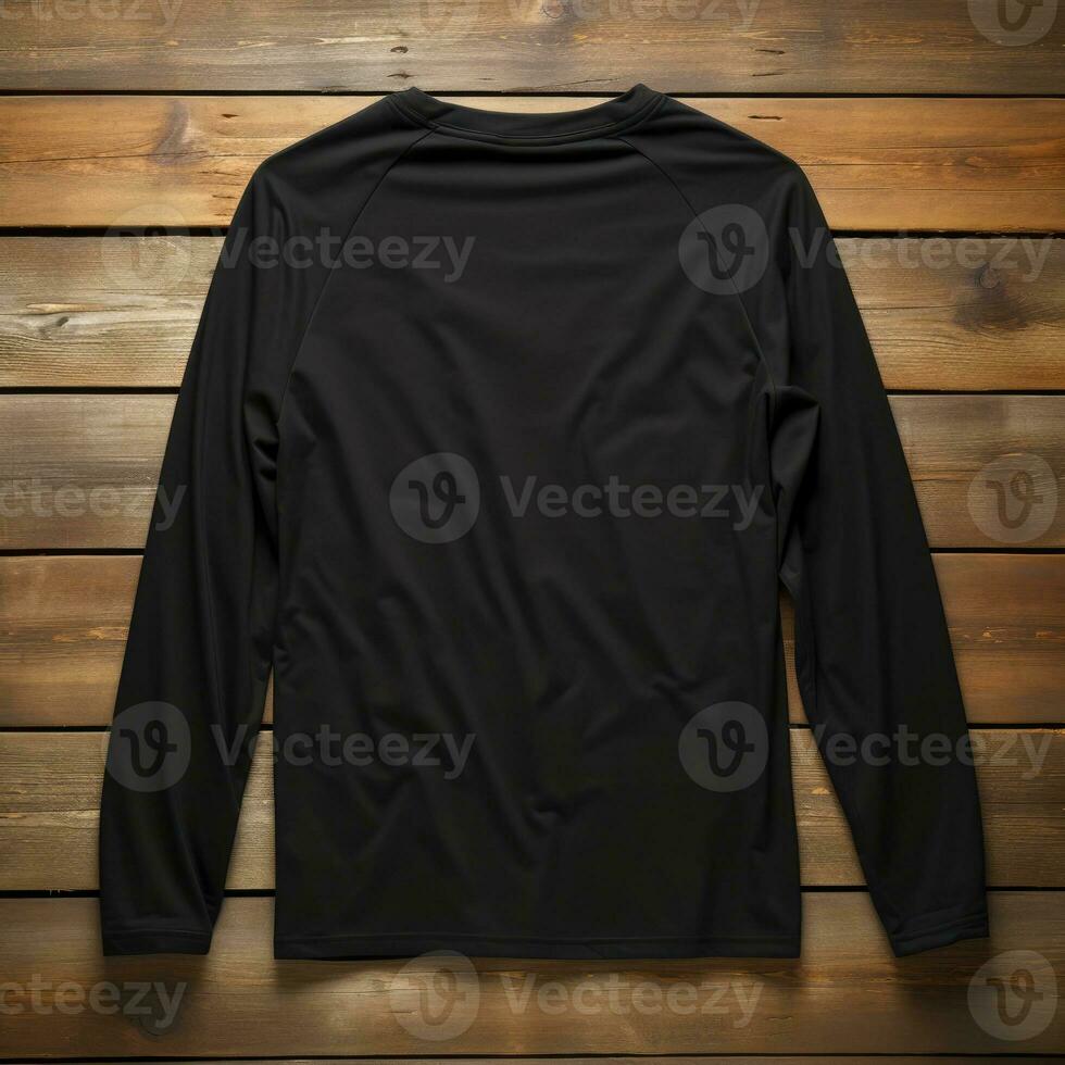A view from back Luxurious plain black oversize t-shirt mockup with a hanger hanging on a wooden background, AI Generative photo
