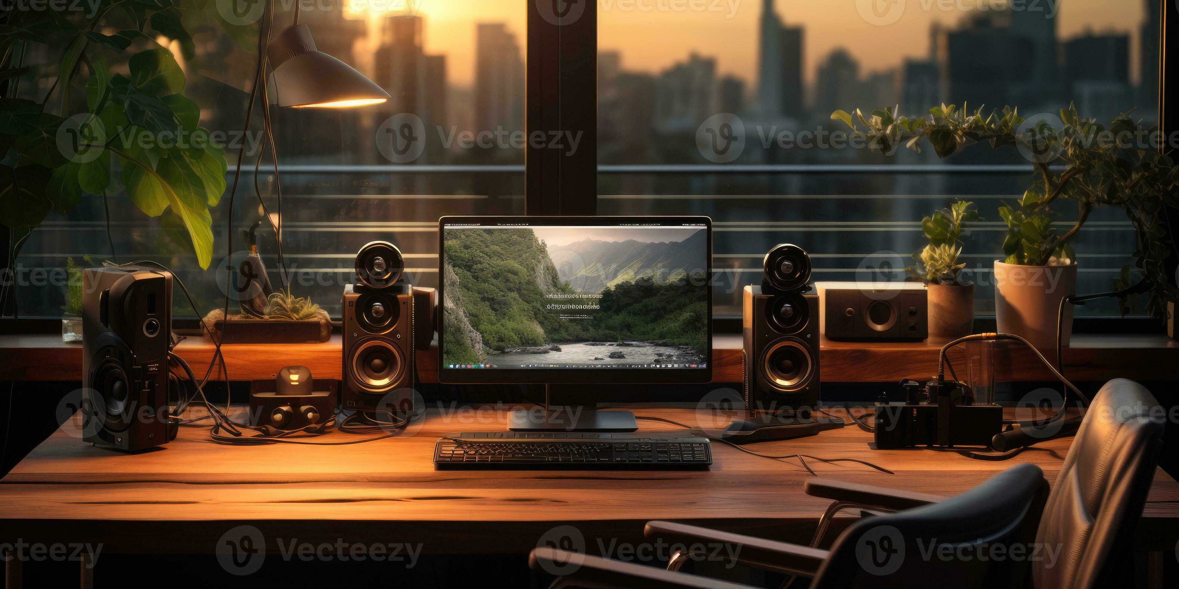 minimalist work space computer with very luxurious wooden components