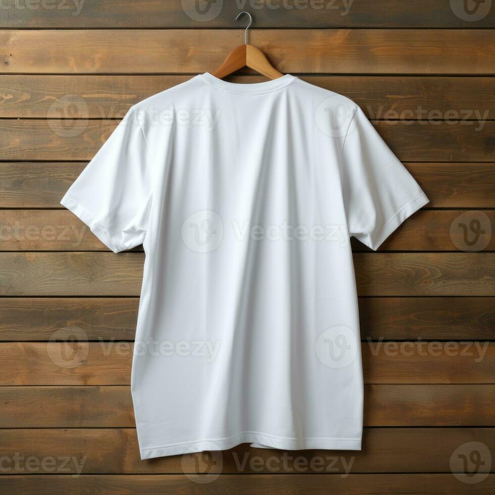 A view from back Luxurious plain white oversize t-shirt mockup with a hanger hanging on a wooden background, AI Generative photo