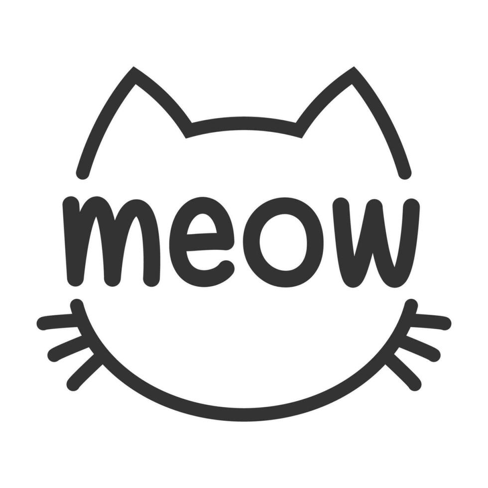 Meow lettering inside cat head pictogram, with ears and whiskers. Cute design for feline lovers and cat moms. vector