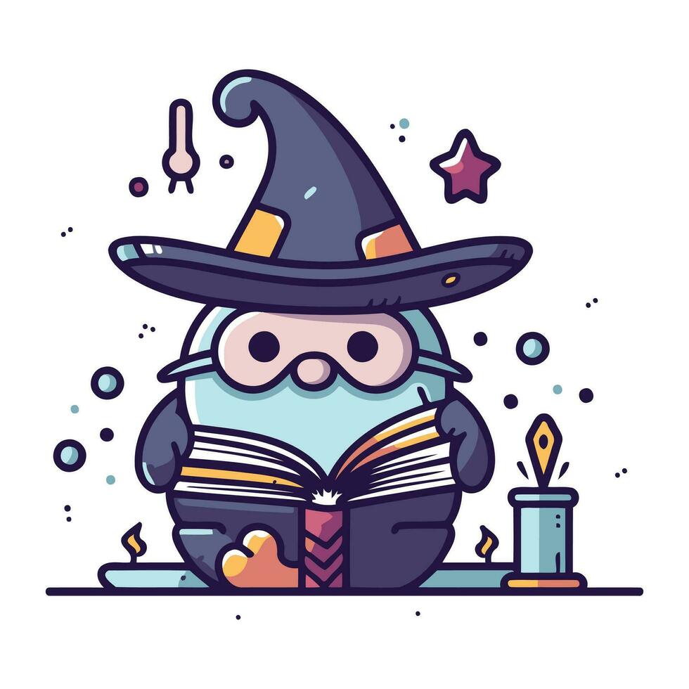 Cute wizard reading a book. Vector illustration in cartoon style.