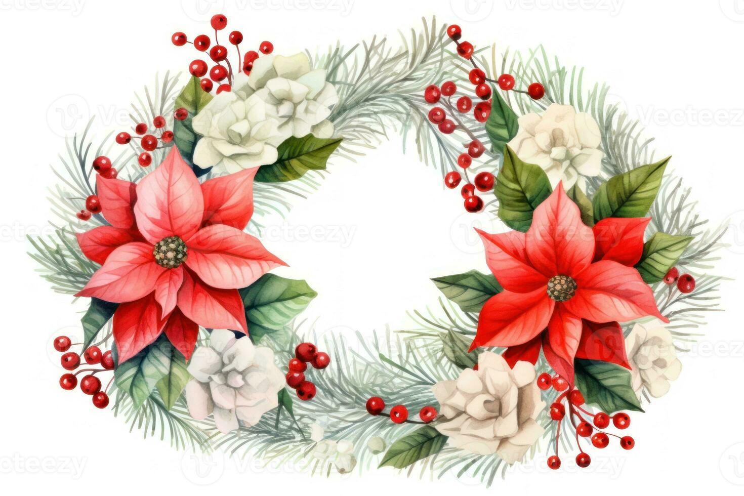 Cute watercolor Christmas wreath from green twigs, mistletoe branches and flowers isolated on white background. Decoration for Christmas and New Year. Illustration for greeting cards AI generated photo