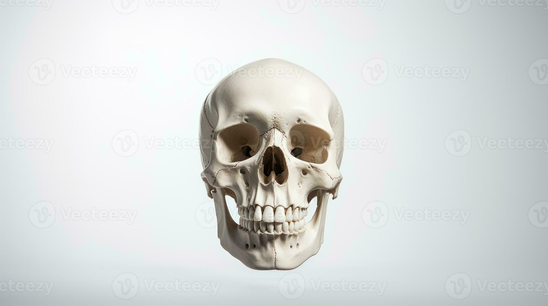 Human skull on white background front view. Head bones and skeleton. Human anatomy and structure of human head. For medical and scientific educational books, articles, magazines, AI generated photo