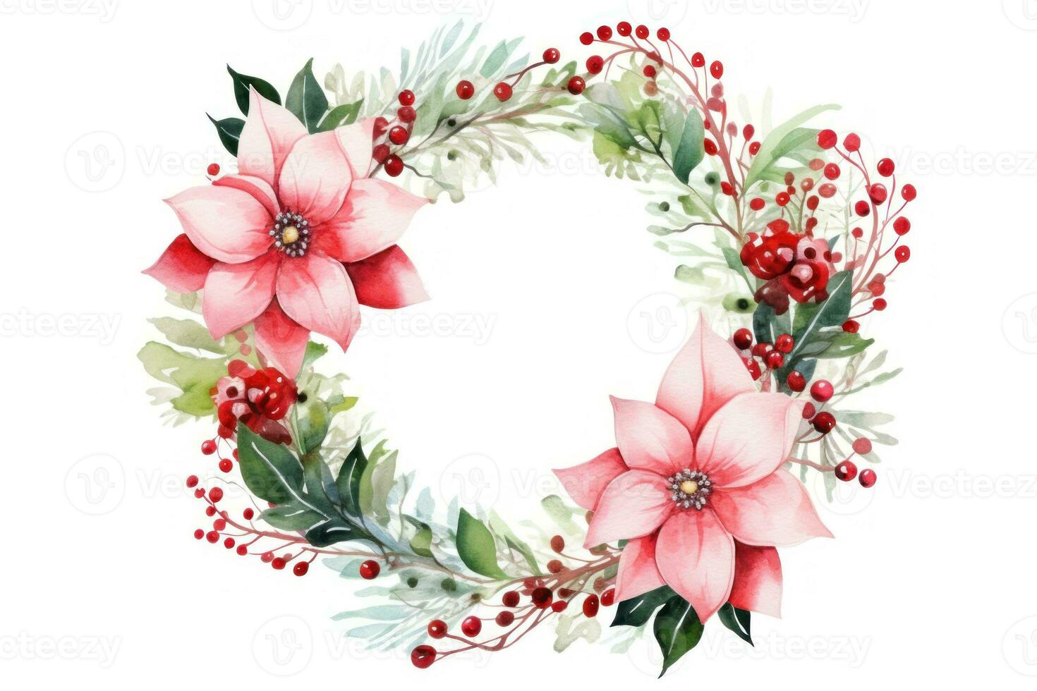 Cute watercolor Christmas wreath from green twigs, mistletoe branches and flowers isolated on white background. Decoration for Christmas and New Year. Illustration for greeting AI generated photo