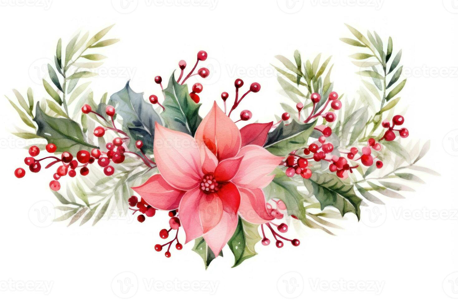 Cute watercolor Christmas wreath from green twigs, mistletoe branches and flowers isolated on white background. Decoration for Christmas and New Year. Illustration for greeting card and AI generated photo