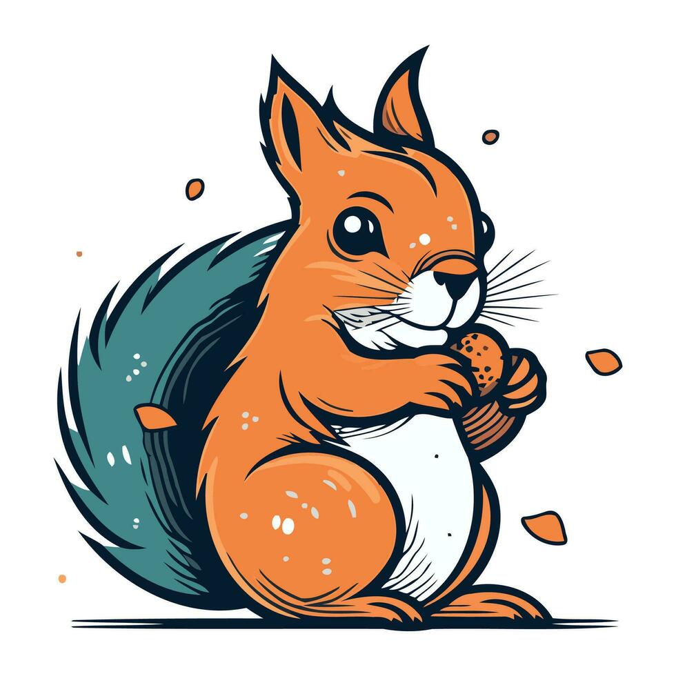 Squirrel holding an acorn in its paws. Vector illustration.