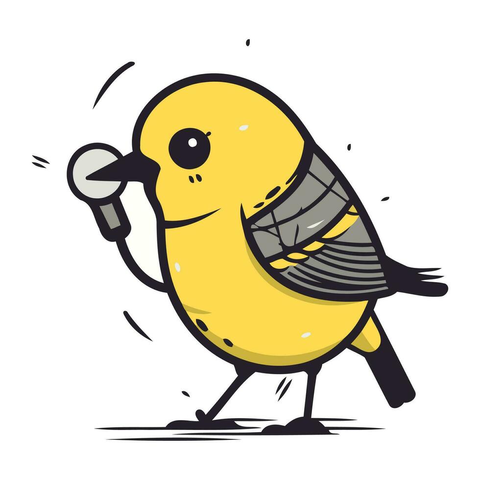Vector illustration of a cute little bird singing with microphone on white background.