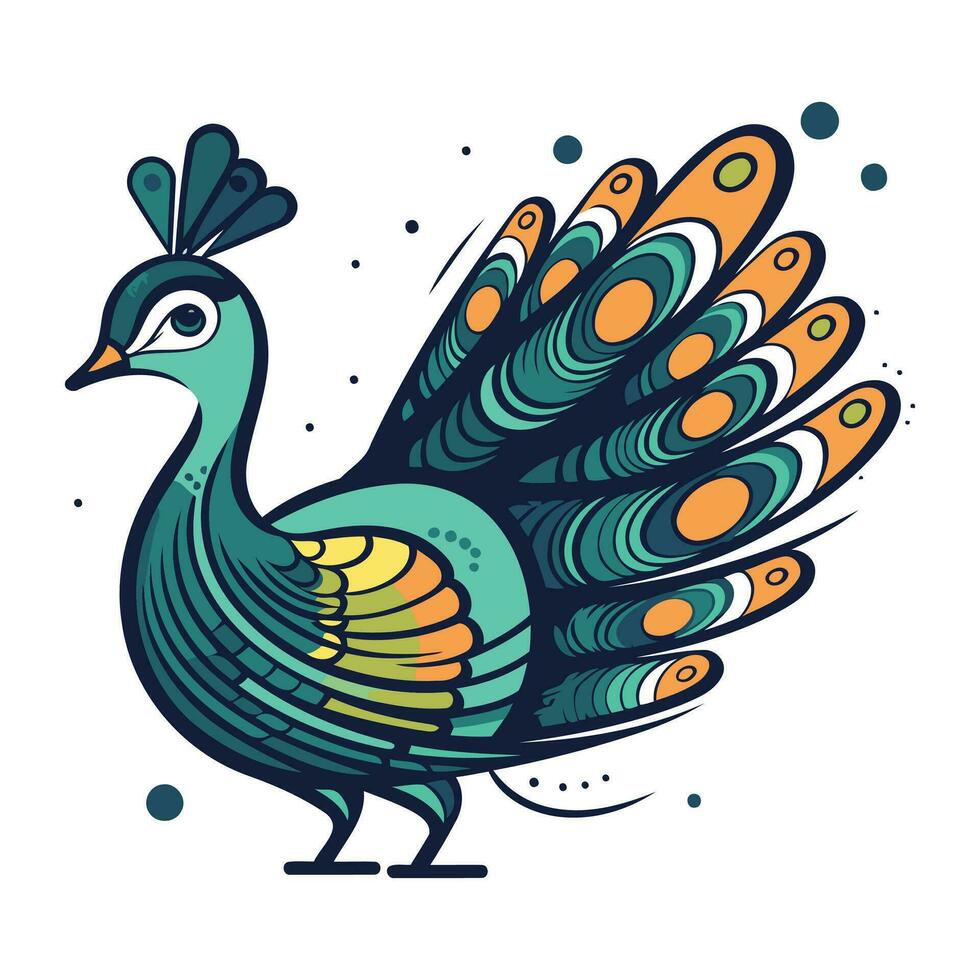 Peacock. Hand drawn vector illustration. Isolated on white background.