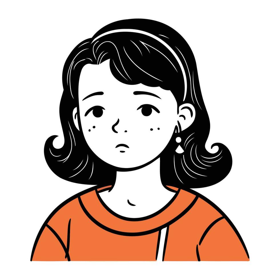 Cute little girl with a sad face. Vector illustration in cartoon style.