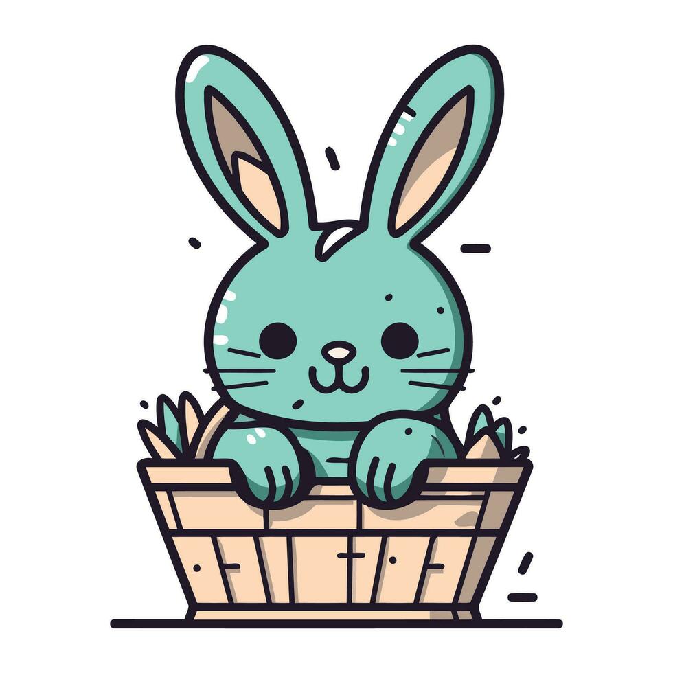Cute cartoon bunny in a basket. Vector illustration on white background.