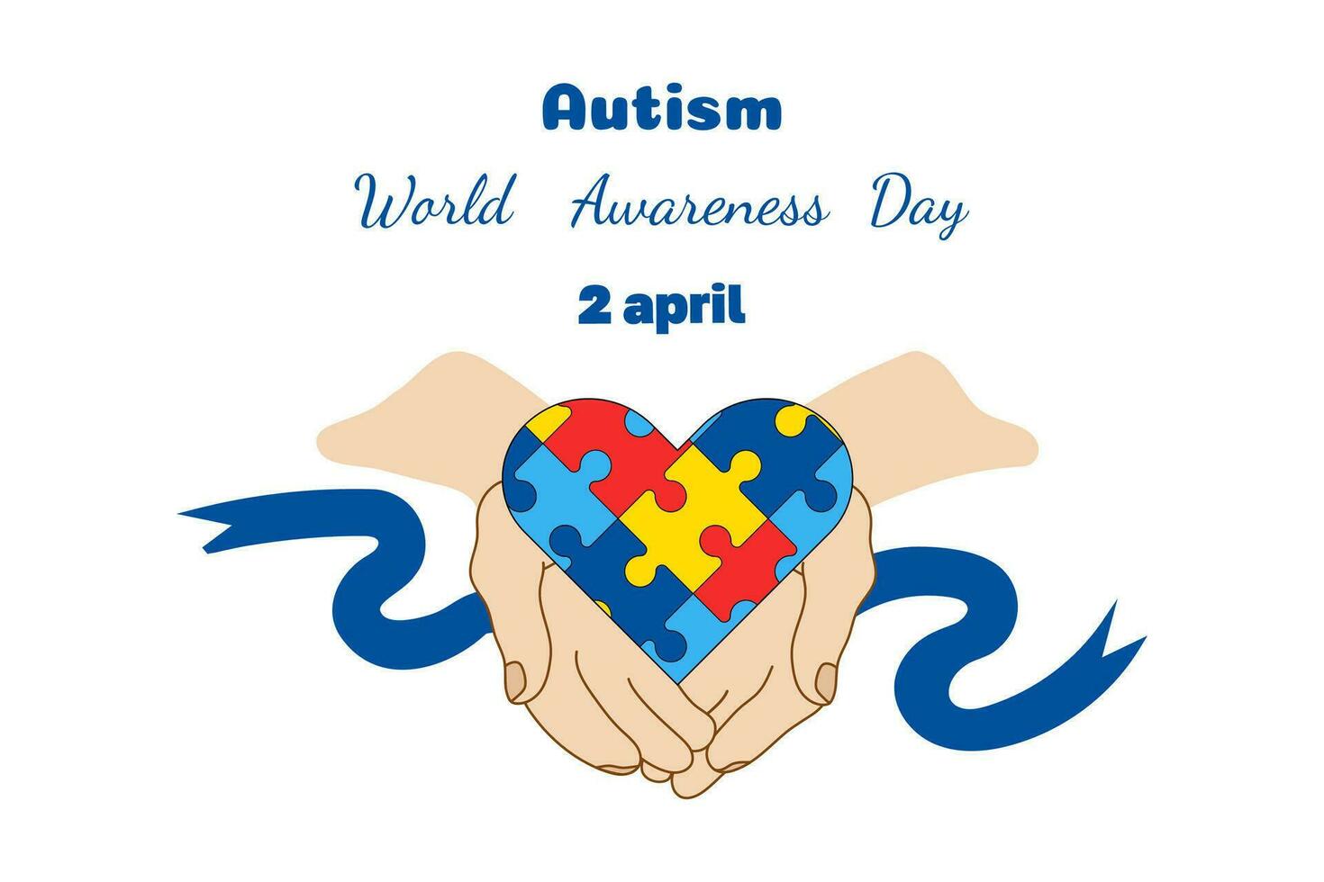 World Autism Awareness Day vector banner. Puzzle Heart in hands, ribbon in flat style. Template card