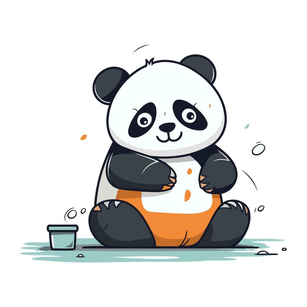 Cute panda sitting and holding a cup of coffee. Vector illustration.