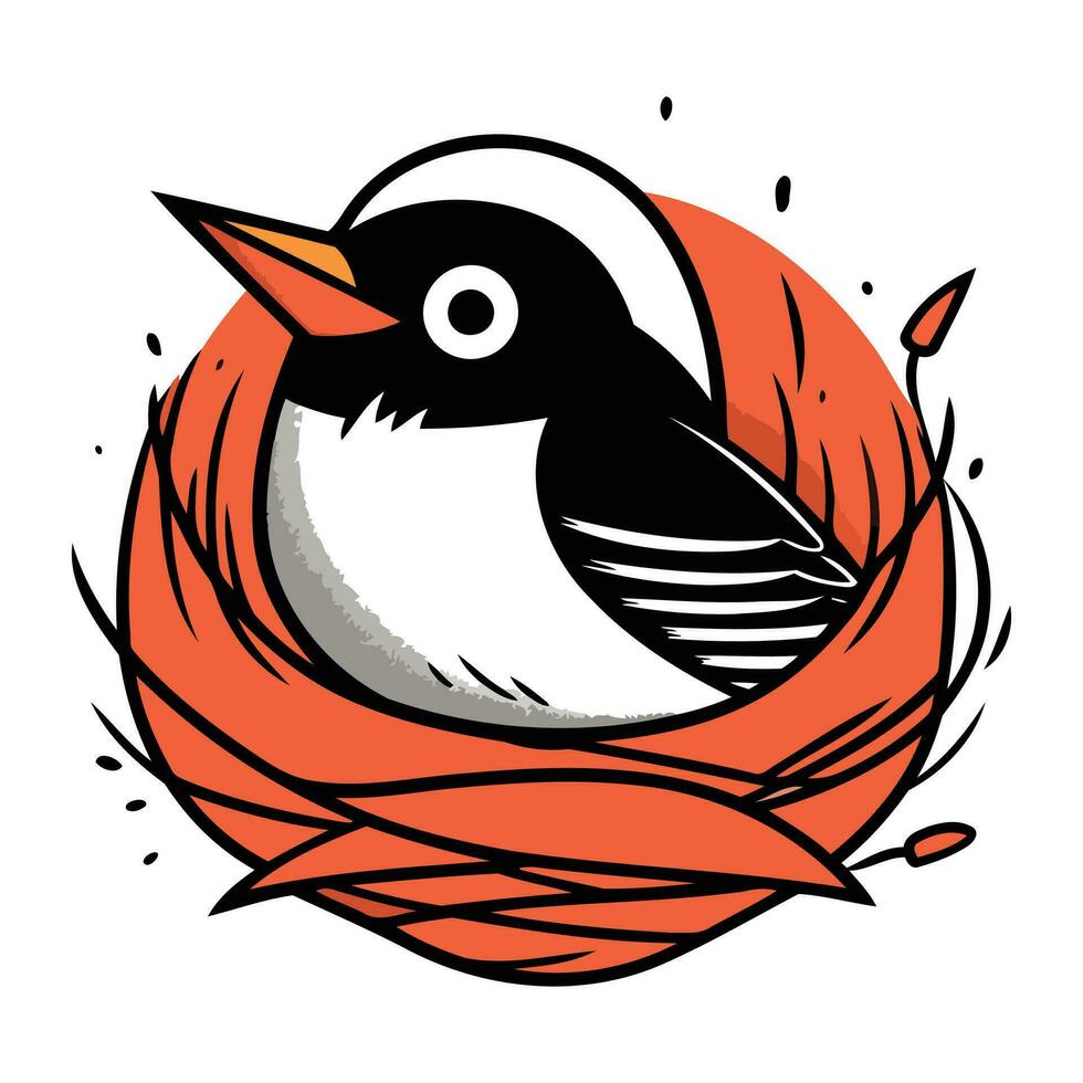 Hand drawn vector illustration of a cute cartoon titmouse in a nest